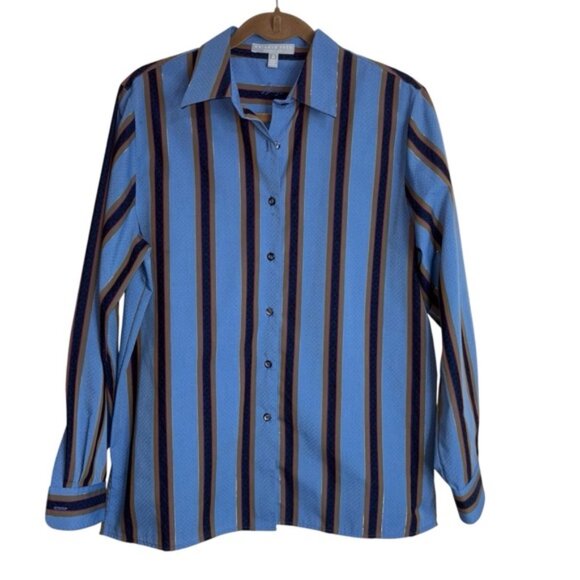 Foxcroft Women’s 12 Blue Striped Shirt Button Front Raised Print Long Sleeve - Picture 1 of 10
